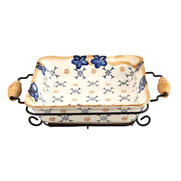 Temptations Floral Square Baking Dish With Metal Carrier Casserole Party Server - Picture 1 of 9